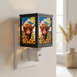 Sunflower highland cow wax burner in cosy living room setting with warm ambient glow