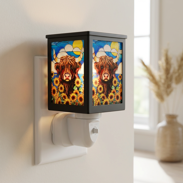 Sunflower highland cow wax burner in cosy living room setting with warm ambient glow