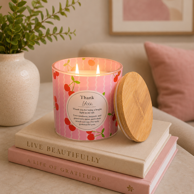 Splosh Thank You scented candle gift with colourful cherry design