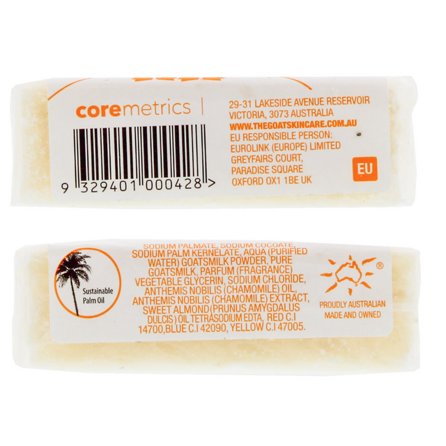 The Goat Skincare Chamomile soap bar rear packaging and ingredients