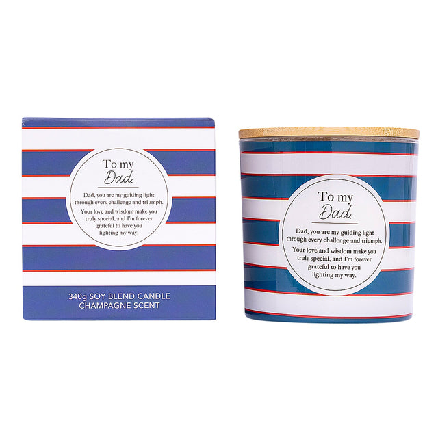 To My Dad candle featuring a heartfelt message and striped glass design
