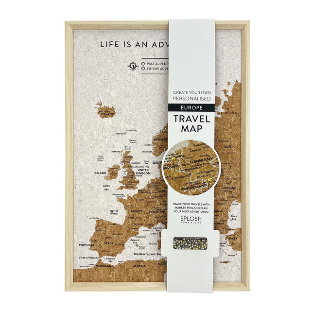 Splosh Europe Travel Map in light wood frame – personalised travel map and world pin map perfect for documenting European adventures.