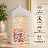 White Candle Warmers Etc scroll candle warmer lamp with top-down bulb features