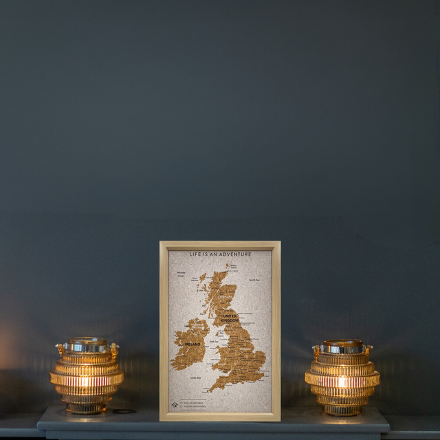 Framed UK and Ireland cork board travel map wall display