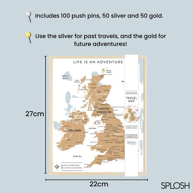 UK and Ireland travel map cork board with metallic pins included