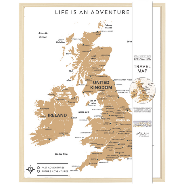White UK and Ireland travel map cork board with metallic push pins by Splosh for tracking travel adventures