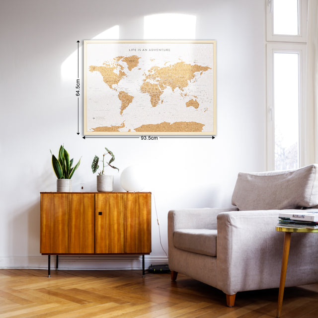 Framed white world travel map cork board wall decor