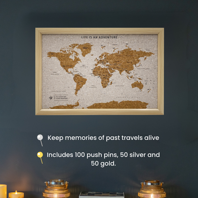World travel map cork board with gold and silver push pins included