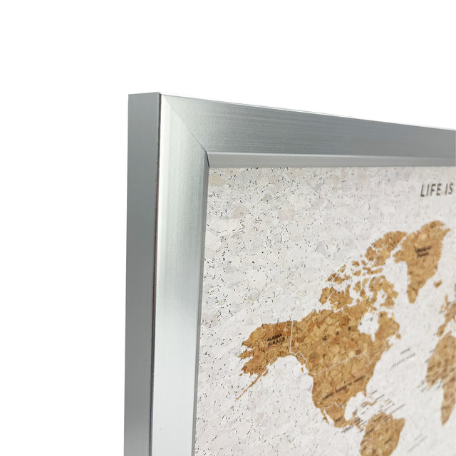 Silver framed white world travel map cork board wall display