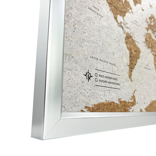 Silver framed white world travel map cork board wall display