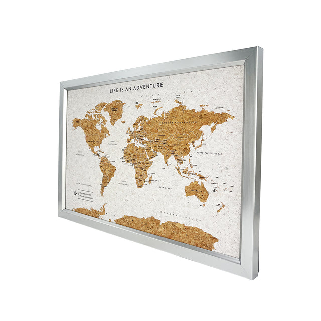 White world travel map cork board with silver frame push pin map by Splosh