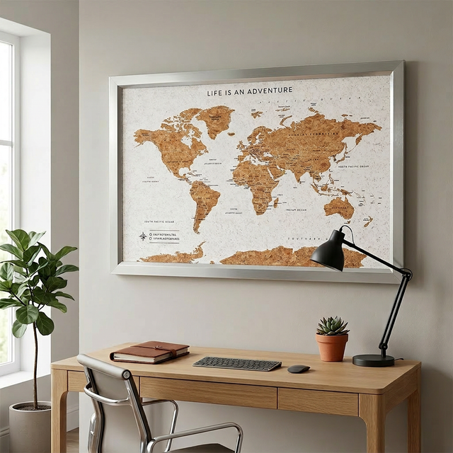 White World travel map desk cork board with silver frame in office interior