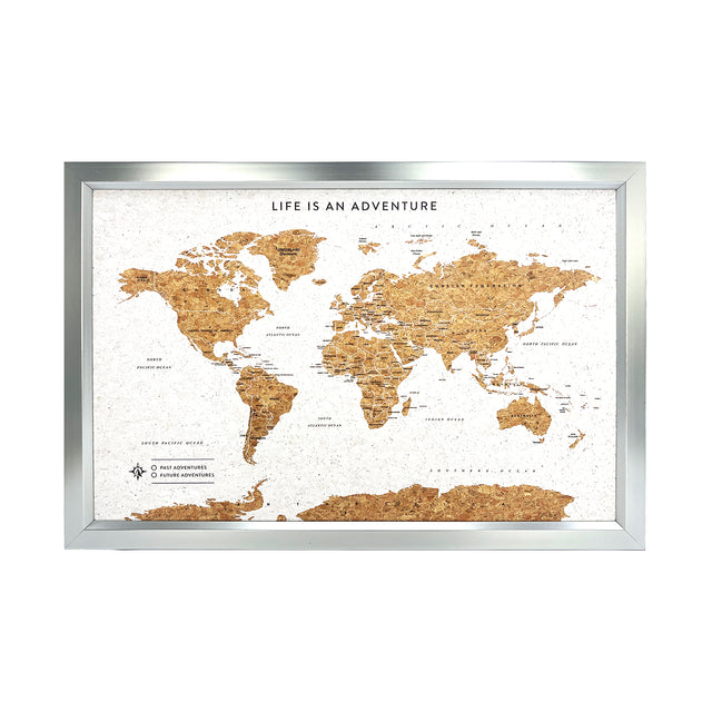White world travel map with silver frame wall decor travel pin board