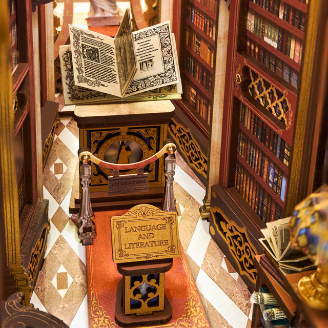 Wooden book nook kit for adults library scene miniature display detail