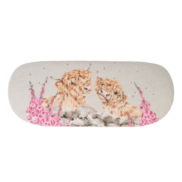 Wrendale Designs Highland Cow glasses case with illustrated cow and flower design and hard shell