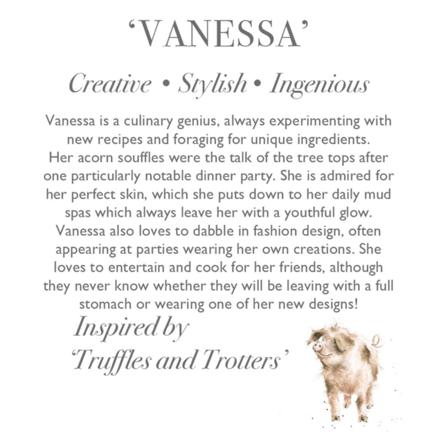 Wrendale Designs Vanessa Pig plush with character story gift tag