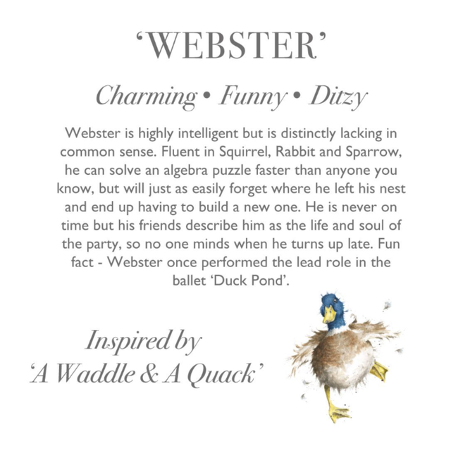 Wrendale Designs Webster Duck plush with character story gift tag