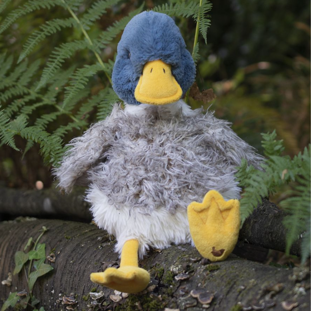 Wrendale Designs Webster Duck plush toy with embroidered wren detail lifestyle
