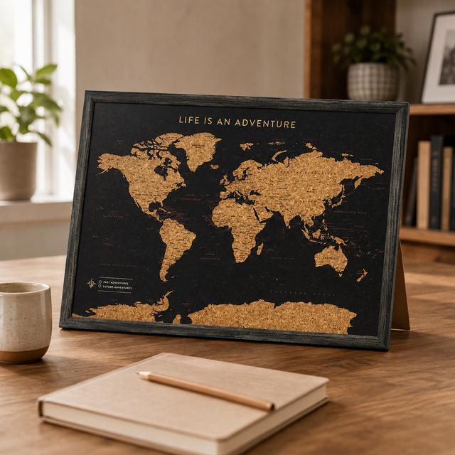 XL Desk black world map with pins displayed on its pull-out stand