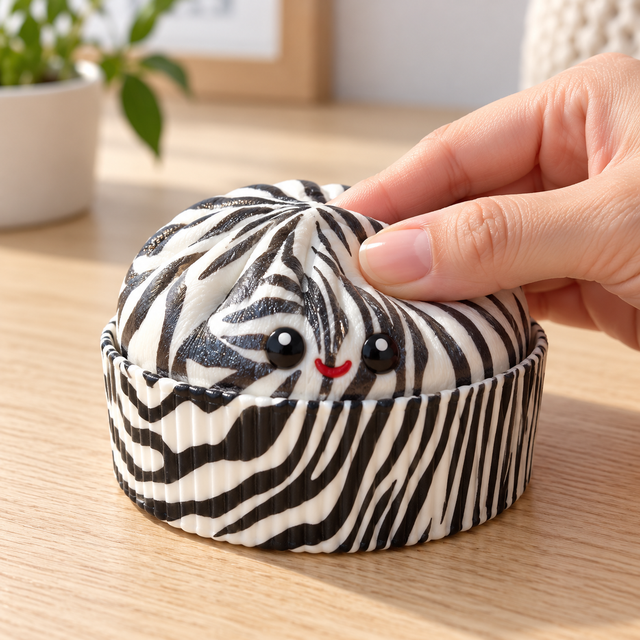 Hand gently squeezing a zebra print dumpling sensory squishy toy in its matching basket on a desk