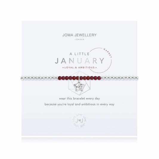 For all January babies, our lovely A Little Joma bracelet radiates birthstone beauty with special Garnet stones and a gently hammered silver circle charm.