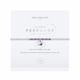 For all February babies, our lovely A Little Joma bracelet radiates birthstone beauty with special amethyst stones and a gently hammered silver circle charm.