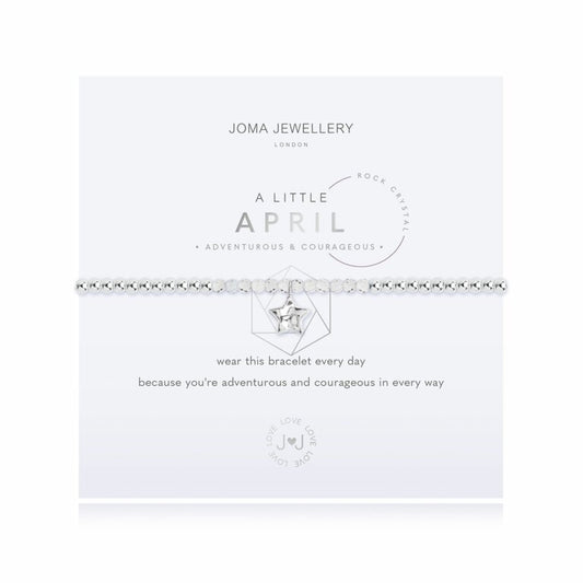 For all April babies, our lovely A Little Joma bracelet radiates birthstone beauty with special rock crystal stones and a gently hammered silver circle charm.