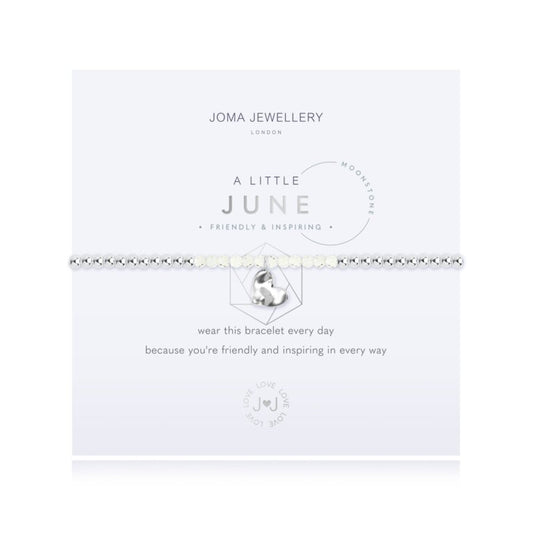For all June babies, our lovely A Little Joma bracelet radiates birthstone beauty with special moonstone stones and a gently hammered silver circle charm.