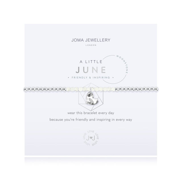 For all June babies, our lovely A Little Joma bracelet radiates birthstone beauty with special moonstone stones and a gently hammered silver circle charm.