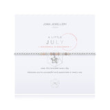 For all July babies, our lovely A Little Joma bracelet radiates birthstone beauty with special sunstone stones and a gently hammered silver circle charm.