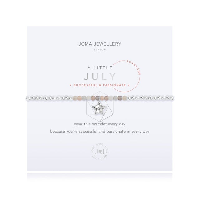 For all July babies, our lovely A Little Joma bracelet radiates birthstone beauty with special sunstone stones and a gently hammered silver circle charm.