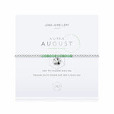 For all August babies, our lovely A Little Joma bracelet radiates birthstone beauty with special adventurine stones and a gently hammered silver circle charm.