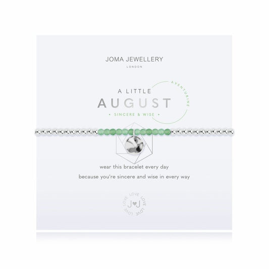 For all August babies, our lovely A Little Joma bracelet radiates birthstone beauty with special adventurine stones and a gently hammered silver circle charm.