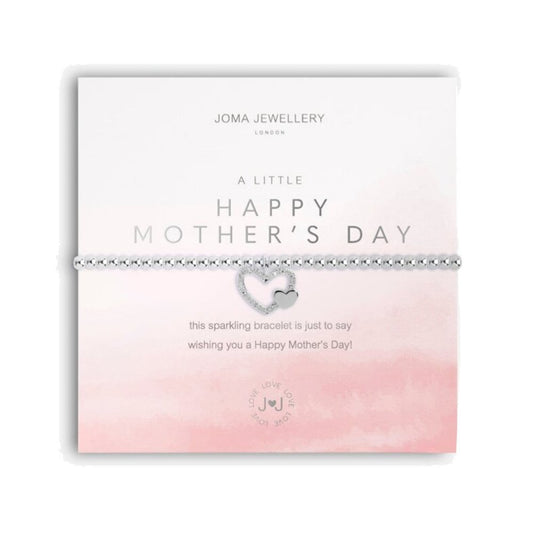 Give them the best Mothers Day gift with our A Little Happy Mothers Day Joma bracelet. This delicate design is threaded with silver-plated beads and detailed with a lovely heart-shaped charm, set with sparkling stones that glitter in the light. Beautifully presented against a stylised card, the Joma bracelet is surrounded by a lovely poem and fresh watercolour styling.