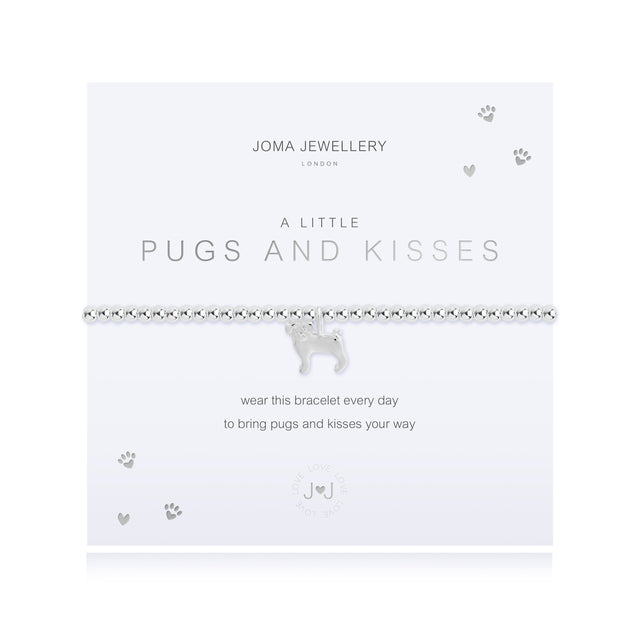 Wear this Joma bracelet every day, to bring pugs and kisses your way Our much loved A Littles family has now expanded with these lovable new animal additions! This Pugs and Kisses Joma bracelet features a shimmering silver plated stretch design and the sweetest little pug charm.