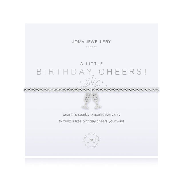 This Birthday Cheers! Joma bracelet features a beautiful silver plated stretch design and the sweetest little champagne flute charms.
