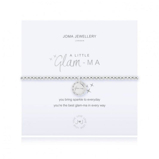 This Glam-Ma Joma bracelet features a beautiful silver plated stretch design and the sweetest little sentiment engraved disc charm.