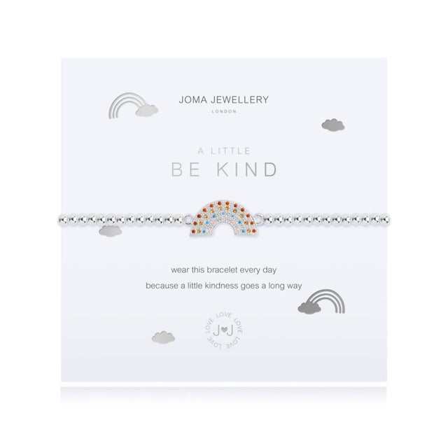This Be Kind A Littlebracelet features a beautiful silver plated stretch design and the sweetest little rainbow charm.
