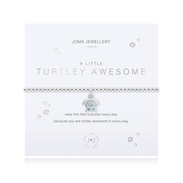 This Turtley Awesome Joma bracelet features a beautiful silver plated stretch design and the sweetest little sky blue embellished turtle charm.