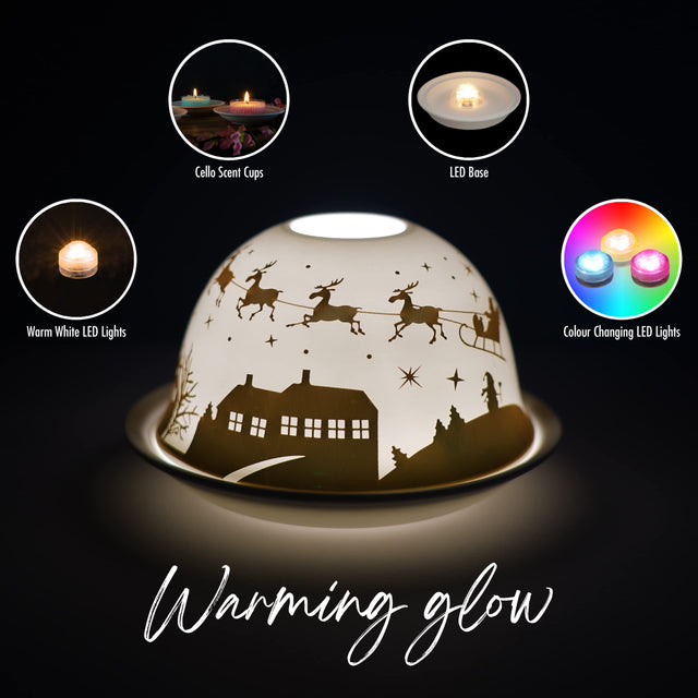 Cello porcelain tealight holder dome, in our magical night design. This design displays golden reindeer flying off into the night over a small town. We offer a wide range of porcelain tealight holders to let you choose your show stopping piece and show it off with pride when guests and family are over.