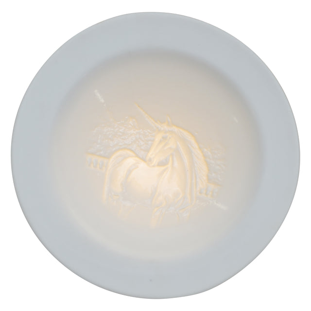 The porcelain material on this Wax Melt Burner allows bright light to shine through it, providing the opportunity to create this manificent Unicorn design. This is done by crafting images out of thicker and thinner sections of the porcelain, allowing for detailed shadowing and a 3D effect. The porcelains elegant look will fit perfectly in any room is available in a range of designs and two different shapes.