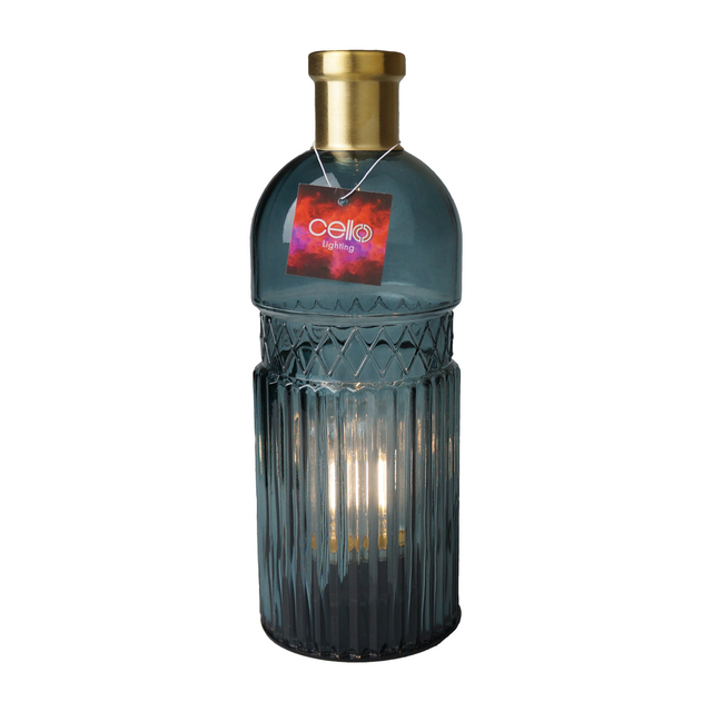 This peaceful blue lamp with vintage glass detailing and a beautiful gold top is in the shape of a bottle creating a elegant and classy look  