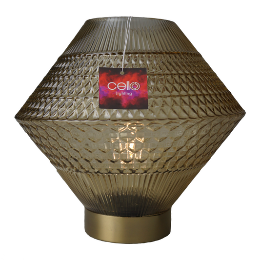 An elegant amber lamp giving of a stunning golden lighting that shows off its beautiful various patterns. This unique design would stand out in any room  