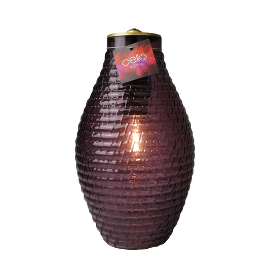 A stunning barrel shaped lamp with a bold purple colour. The defined lined edges reflect beautifully when the light is turned on. 