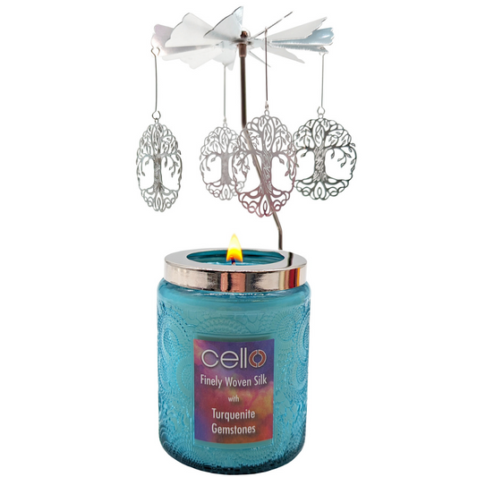 Cello Gemstone Candle with Convection Spinner - Finely Woven Silk with Turquenite