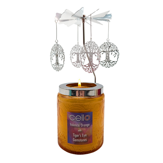 Cello Gemstone Candle with Convection Spinner -  Valencia Orange with Tiger's Eye