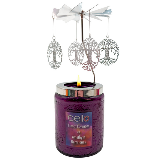 Cello Gemstone Candle with Convection Spinner - French Lavender with Amethyst