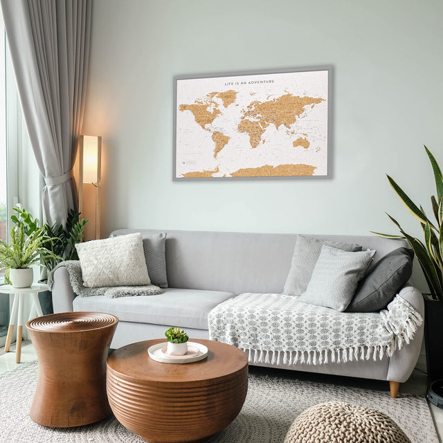 Splosh - Map of the world pin board in our brand-new signature grey design. The Splosh Travel Map collection is the ideal way to plan and plot all your visits to countries across the world, both past and present. Using the colour-coded metallic pins provided you can reminisce about all your past endeavours with family and friends and create a wish-list for the future with your push pin map.