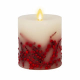 This Luminara Red Berry Inclusions Flameless Pillar is the fashion-forward centerpiece for all your candle dƒecor needs. We selected this modern melted design to showcase the dancing Real-Flame Effect from all angles, ensuring endless decorating possibilities!