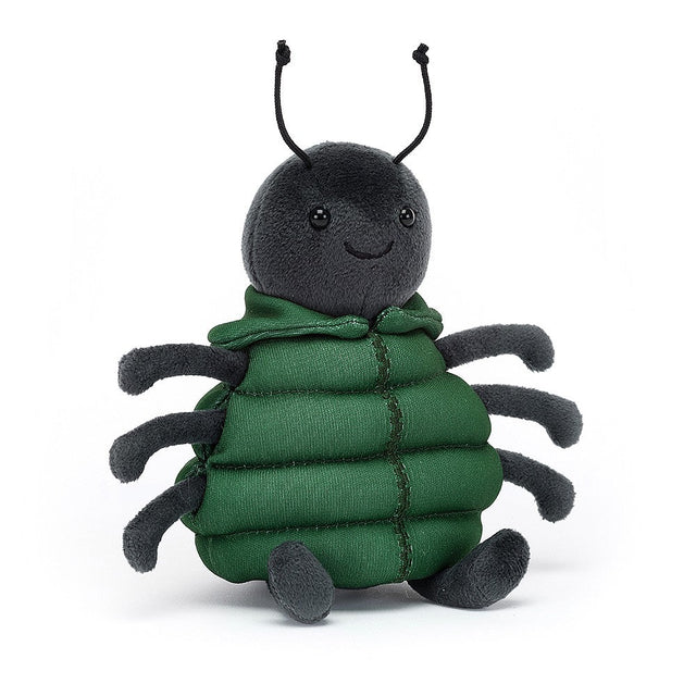 Squat and stylish, Anoraknid Black Spider is bundled up in a leafy green puffa! With bluey-black fur, eight tickly legs, cordy feelers and a friendly grin, this scrambly spider is looking super-snuggly. The perfect outfit for web-weaving, wandering and eating lots of tasty flies!